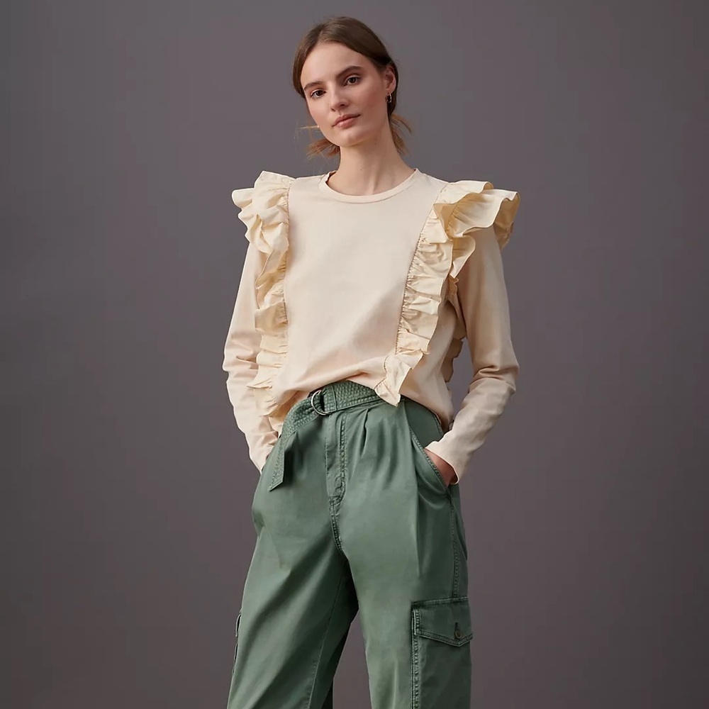 Anthropologie Karina Long Sleeve Crewneck Ruffled Cream Blouse Top